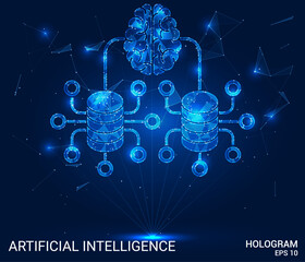 The hologram is an artificial intelligence. Artificial intelligence made of polygons, triangles of points and lines. AI is a low-poly compound structure. Technology concept vector.