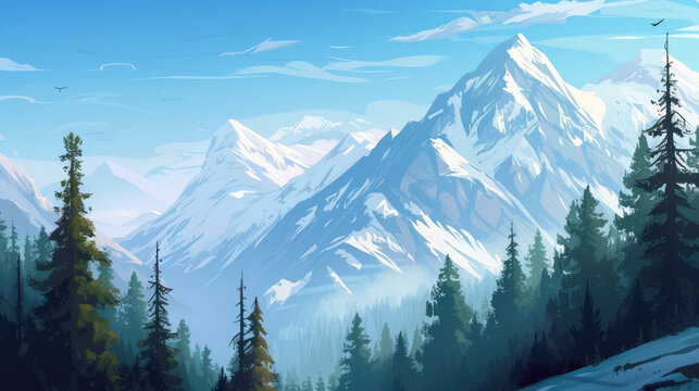 Wallpaper background of natural views of mountains and trees, landscape illustrations