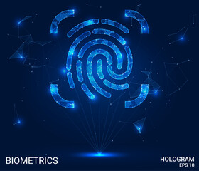 A hologram of biometrics. A fingerprint made of polygons, triangles of dots and lines. Biometrics are a low-poly compound structure. Technology concept vector.