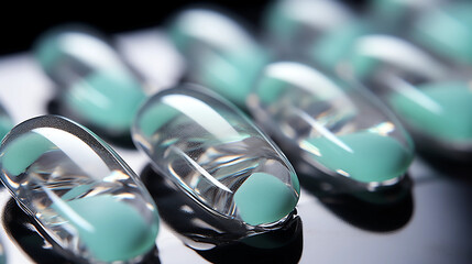 Turquoise glass gel capsules pill macro image background