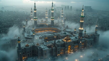 Foggy Night at the Grand Mosque: A Glimpse of the Monthly Ramadan Celebration Generative AI - obrazy, fototapety, plakaty