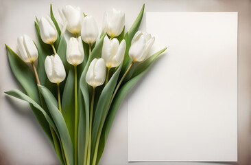 White tulips on a light background, postcard, watercolor drawing, copy-space
