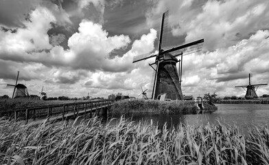 19 windmills of “Kinderdijk“ is an iconic dutch tourist site, world heritage spot and national monument. Panoramic view of renovated water pumps in Alblasserwaard polder, Netherlands, black and white. - obrazy, fototapety, plakaty