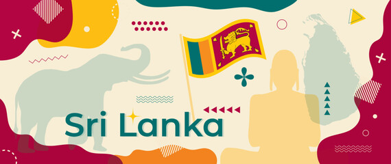 Sri Lanka National Day banner with Sri Lankan flag and silhouettes of country map, Golden Buddha statue and elephant. Abstract geometric holiday design with minimalist shapes and memphis elements - obrazy, fototapety, plakaty