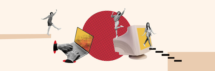 Panoramic photo collage young girls different poses activities walking downstairs winner triumph browsing laptop screen monitor