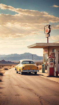 A vintage yellow car parked at a retro gas station along Route 66 with desert and mountains in the background