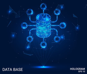 Hologram database. The big date consists of polygons, triangles of points and lines. The database is a low-poly compound structure. Technology concept vector.