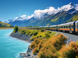 A train winding through stunning landscapes with majestic mountains and lush greenery.