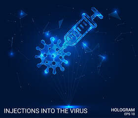 A hologram of an injection into a virus. Vaccination of polygons, triangles of dots and lines. Injections into the virus have a low-poly structure of the compound. Technology concept vector.