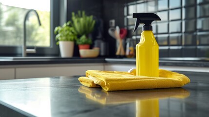 Bright Yellow Cleaning Spray Bottle and Cloth on Modern Kitchen Countertop