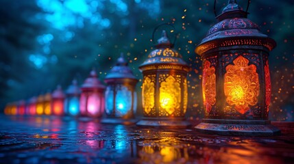 Obraz premium Glowing Lights in the Dark: A Magical Nighttime Scene Generative AI