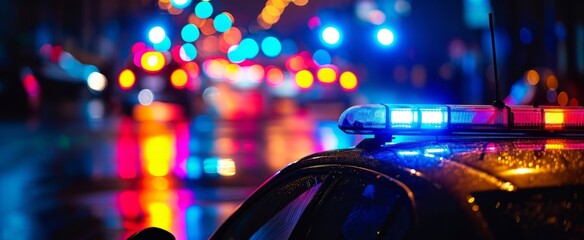 Vibrant Nighttime Cityscape with Police Car Lights Illuminating a Rain-soaked Street Amidst Colorful Bokeh Background - obrazy, fototapety, plakaty