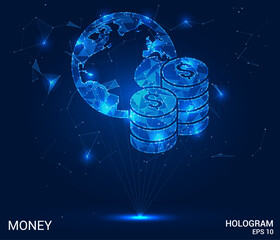 The hologram is money. Coins and a planet made of polygons, triangles of dots and lines. Money is a low-poly compound structure. Technology concept vector.