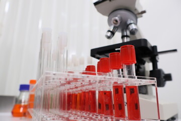 Modern medical laboratory with microscope and test tubes and biochemistry on rooftop biotechnology development center. Science laboratory of high-tech equipment microscope