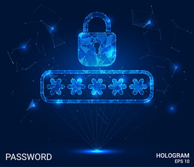 The hologram is the password. The password is locked with polygons, triangles of dots and lines. The password is a low-poly connection structure. Technology concept vector.