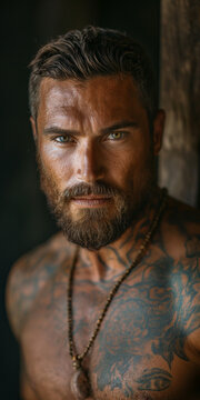 Sexy Mann mit Bart mit nackten Oberk&ouml;rper und Tattoo im dunklen Licht Portr&auml;t