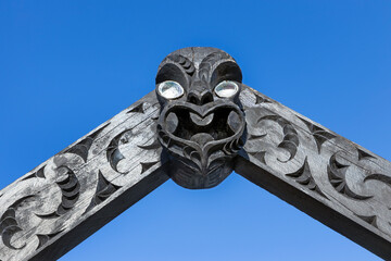 Maori culture. Maori wood carvings. Black. Auckland New Zealand.