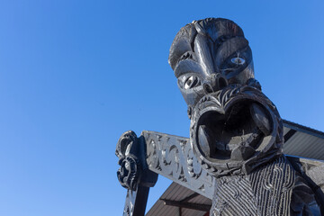 Maori culture. Maori wood carvings. Black. Auckland New Zealand.