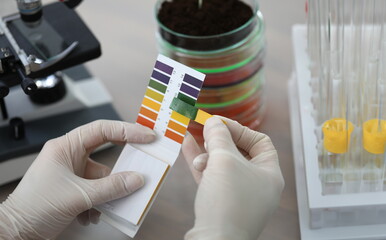 Hands holding litmus test paper for soil analysis. Litmus paper shows acidity, chemical analysis....