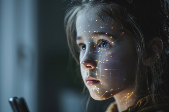 Scanning child face recognition, biometrics. Portrait of a Caucasian girl with a virtual mesh hologram on her face using a smartphone