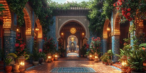 Obraz premium Arabian Nights Entrance to a Palace with a Beautiful Garden Generative AI
