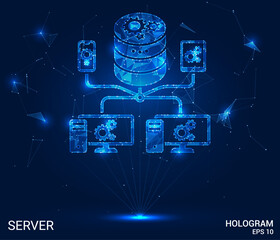 The hologram server. The server consists of polygons, triangles of points and lines. The server is in the hands of a low-poly connection structure. Technology concept vector.