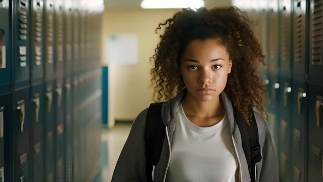 biracial girl in adolescence leans despondently against school locker, arms crossed and eyes distant. She epitome of social frustration, reflecting feelings of ostracism and displacement, common