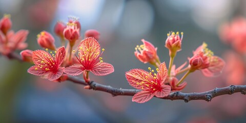 Macro shot of blooming crimson maple tree in spring with unfocused backdrop.