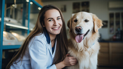 Woman Veterinarian Petting a Noble Golden Retriever Dog. Healthy Pet on a Veterinary Clinic.