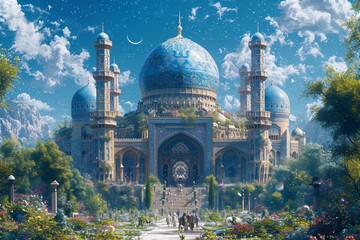 Arabian Nights: A Dreamy Walk Through a Blue-Tiled Paradise Generative AI - obrazy, fototapety, plakaty