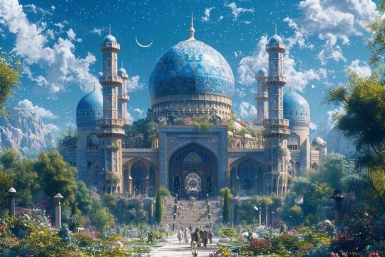 Arabian Nights: A Dreamy Walk Through a Blue-Tiled Paradise Generative AI