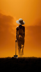 Abstract female worker in safety helmet standing on sand with shovel in hand