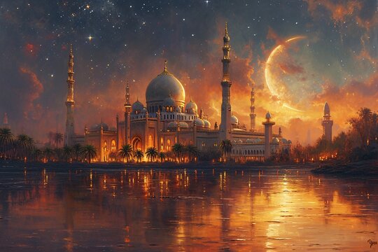 Glowing Mosque at Sunset Generative AI
