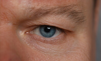 Close-up unkind angry look man, eye young man. Depression and anxiety during pandemic. Focused attention to detail. Hide true intentions. Nonverbal communication tool. Bossy stare