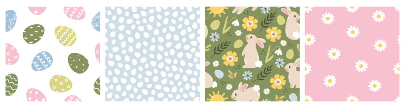 Set of seamless pattern with rabbit, flowers, eggs. Vector flat illustration for wallpapers, wrapping, textiles.