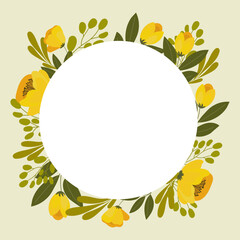 Frame of yellow poppies and tulips. Floral frame for wedding, mother's day. Illustration, vector.