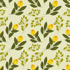 Seamless pattern, yellow tulip flowers and twigs with leaves on a light green background. Floral background, textile, vector.
