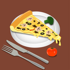 slice of pizza on a plate with fork and knife and tomatoe