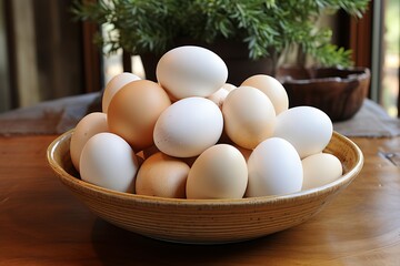 Organic fresh chicken eggs in a wooden tray on kitchen table for a farmhouse feel