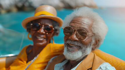 Elderly black couple enjoying a coastal drive in convertible