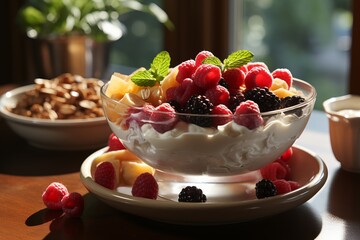 Granola breakfast with berries in warm sunlight, healthy start