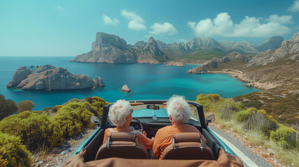 Seniors in convertible, cheerful sea road journey