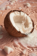 Juicy Milky Coconut with Splashed Water on Peach Fuzz Background. Fresh Nut with Clean Drops. Coconut Water Milk Idea.