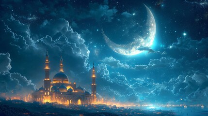 Moonlit Night at the Grand Mosque: A Stunning View of the Lunar Crescent and the Starry Sky Generative AI