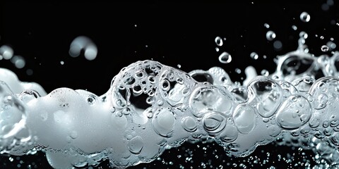 Effervescent white suds from cleansing products create abstract bubbles, captured with a clipping path on a black background. - obrazy, fototapety, plakaty