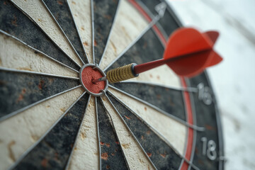 A detailed view of a dart hitting the bullseye on a well-used dartboard, symbolizing accuracy and achievement.
