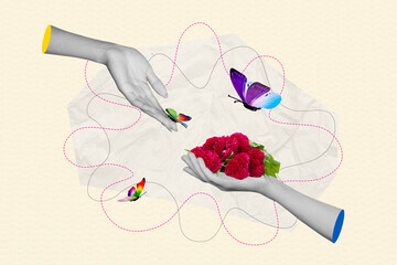 Creative photo collage two human hands give bunch flowers flying butterflies harmony florist ecological blossom gerbera environment