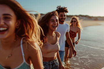 Happy friends having fun smilling and enjoying walk along beach