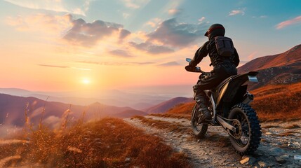 A male expert motorcyclist in complete gear riding a dirt bike on a mountain road during sunset,...