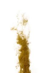 Gold metallic glitter sparkle swirl sand storm. Golden Glitter sand spark blink spin circle wind blow, fly throw gold glitters particle. White background isolated, selective focus Blur bokeh